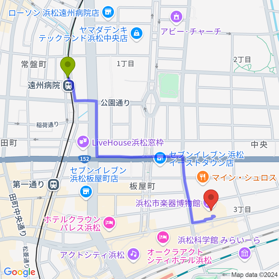 遠州病院駅から浜松市楽器博物館へのルートマップ地図