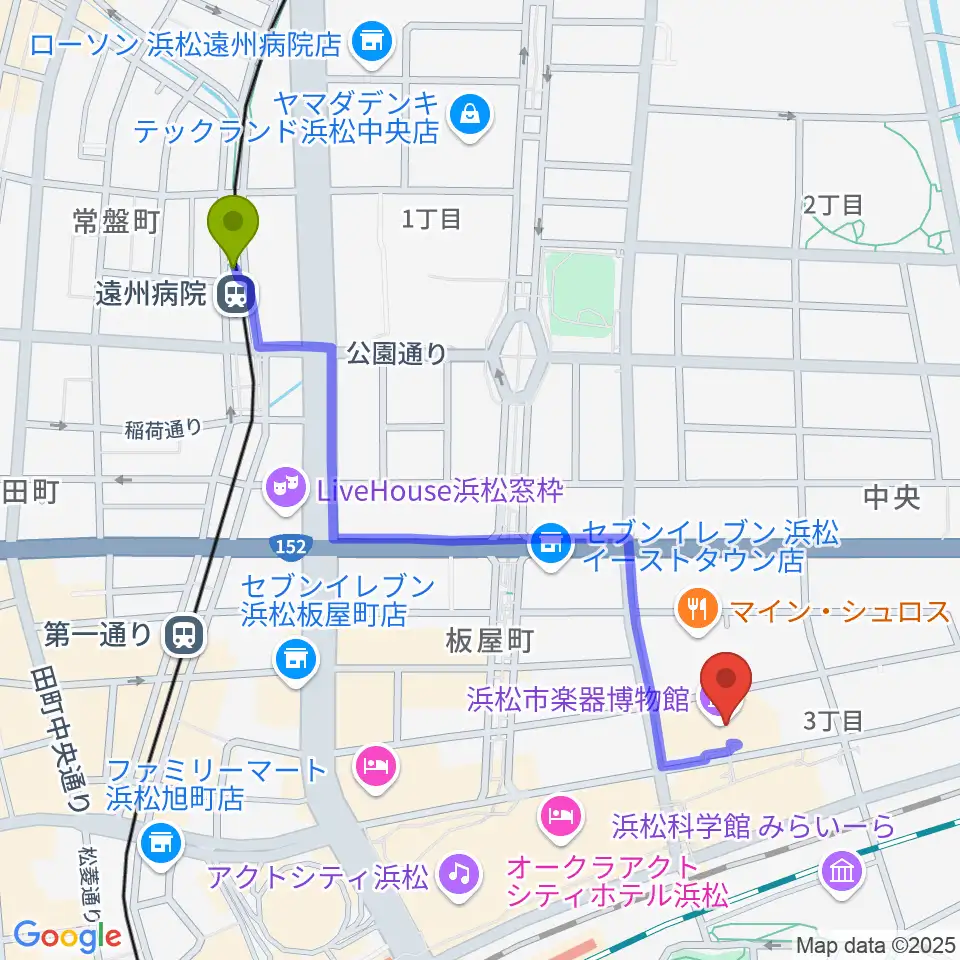 遠州病院駅から浜松市楽器博物館へのルートマップ地図