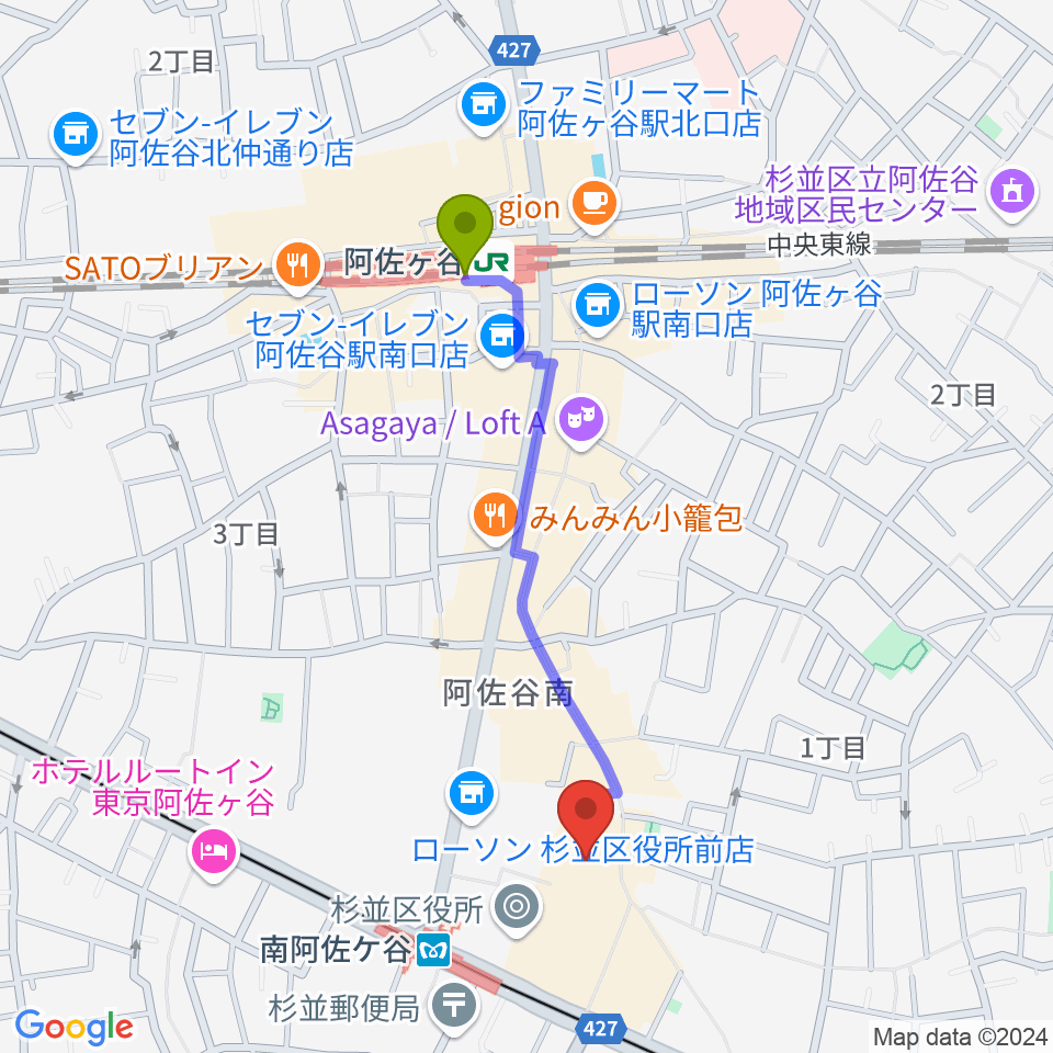 阿佐ケ谷駅から阿佐ヶ谷シアターシャインへのルートマップ地図