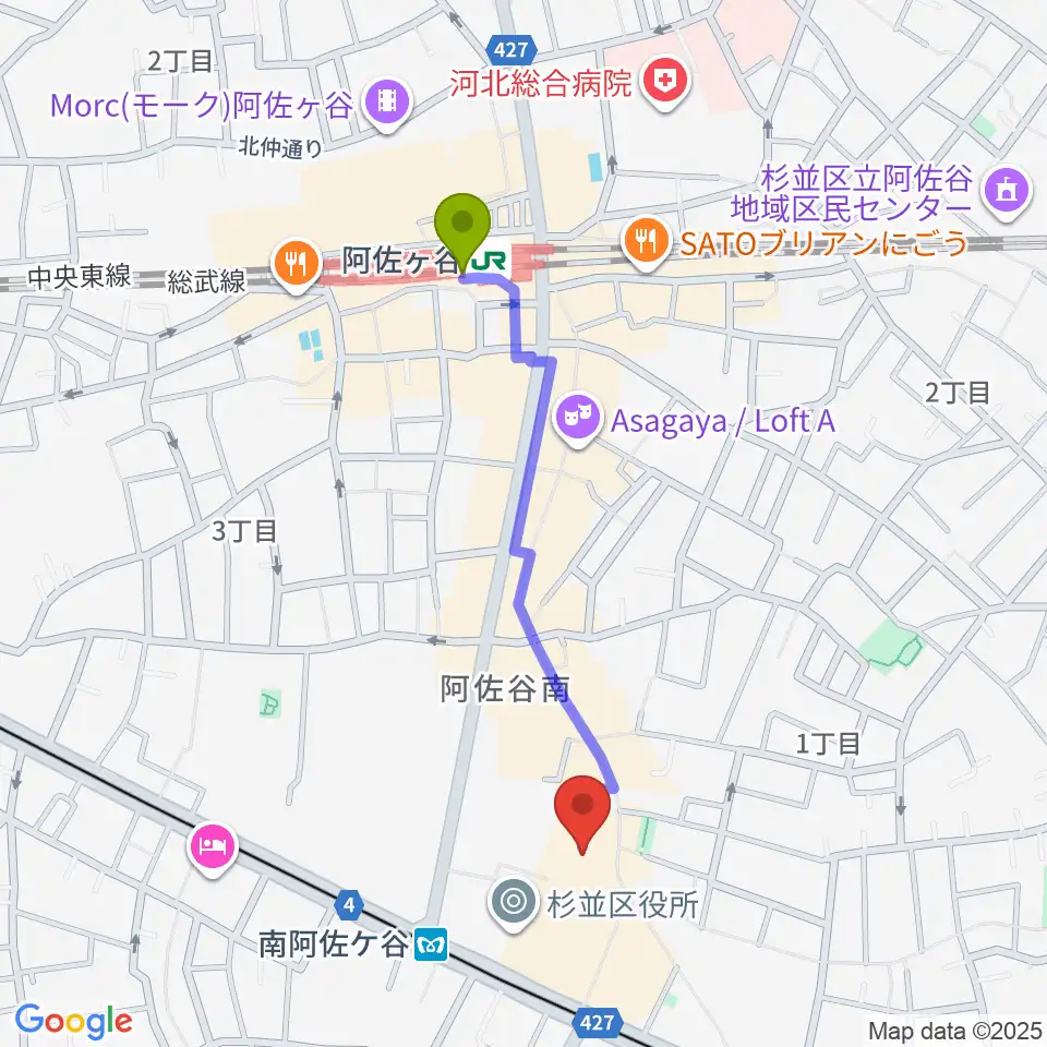 阿佐ケ谷駅から阿佐ヶ谷シアターシャインへのルートマップ地図