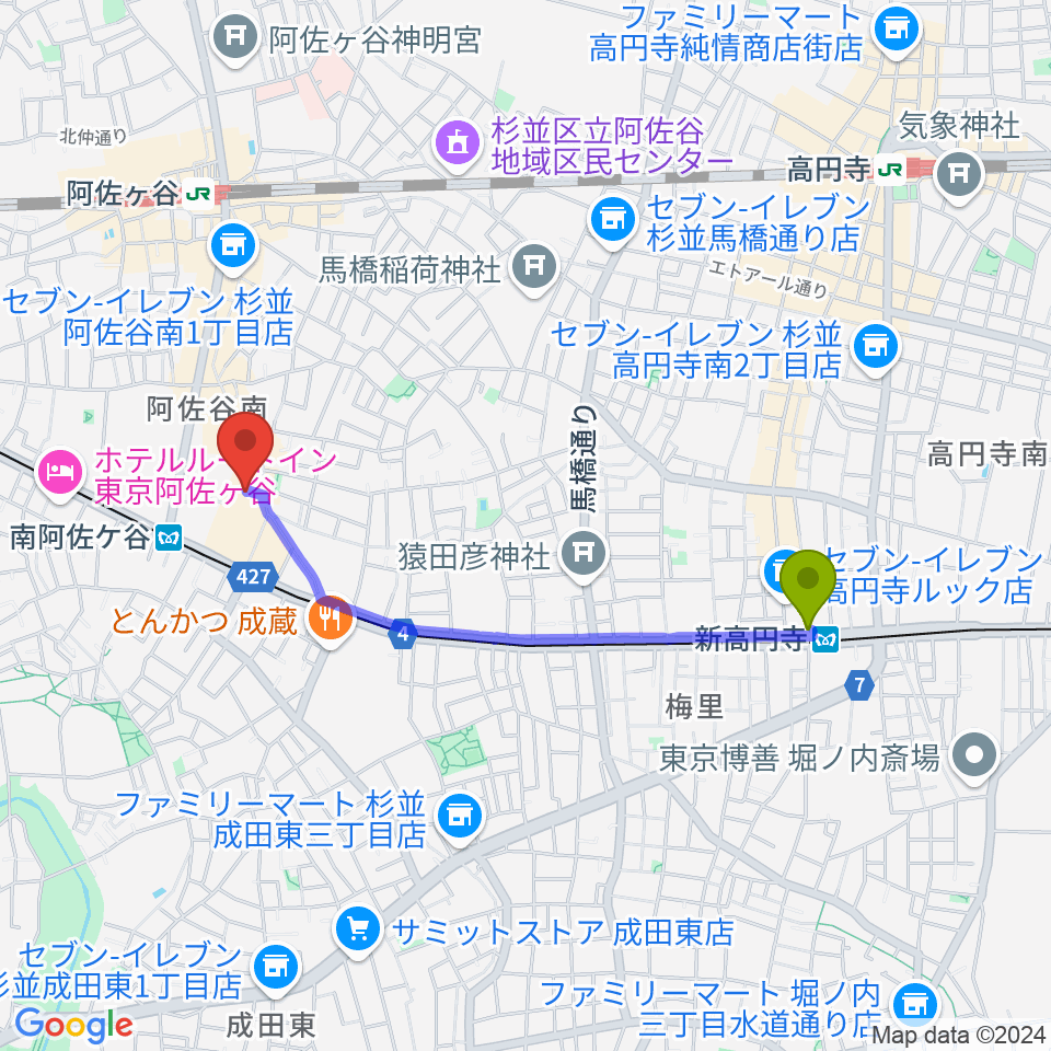 新高円寺駅から阿佐ヶ谷シアターシャインへのルートマップ地図