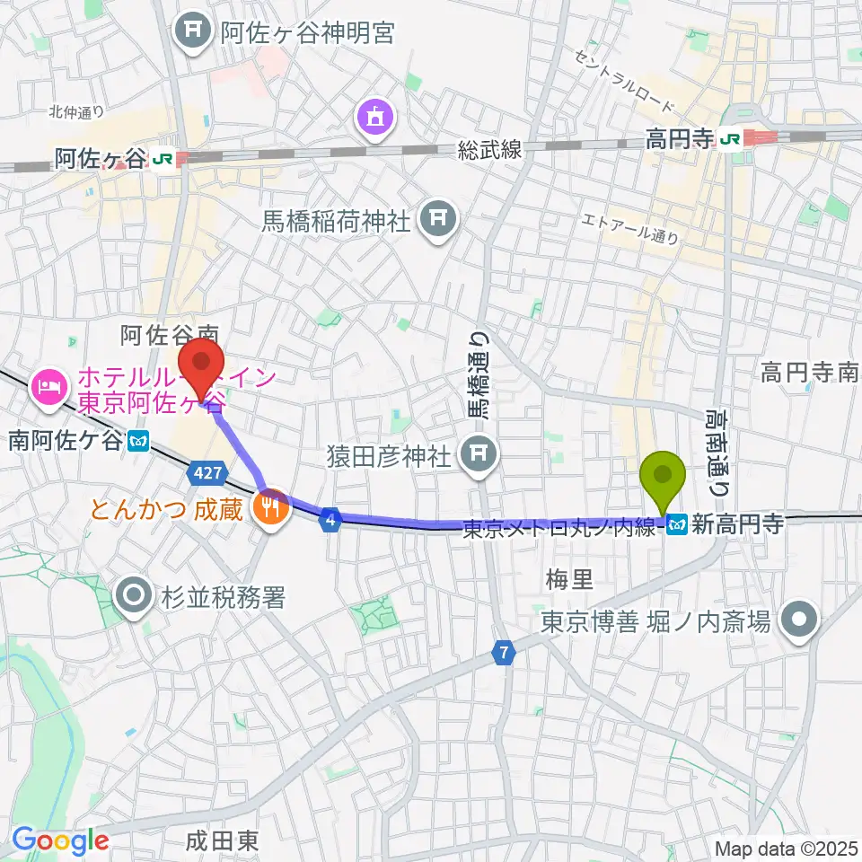 新高円寺駅から阿佐ヶ谷シアターシャインへのルートマップ地図