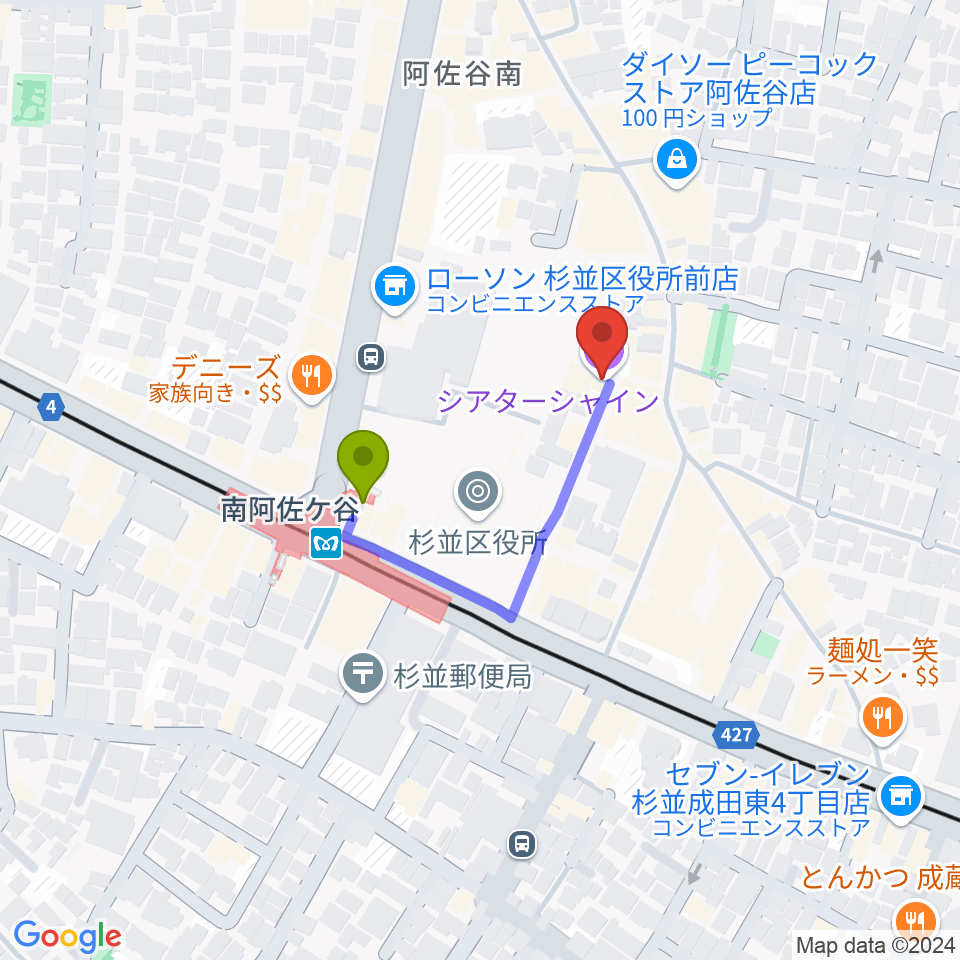 阿佐ヶ谷シアターシャインの最寄駅南阿佐ケ谷駅からの徒歩ルート（約2分）地図