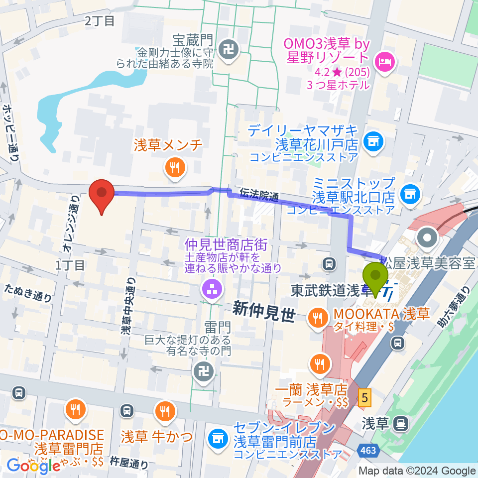 浅草公会堂の最寄駅浅草駅からの徒歩ルート（約5分）地図