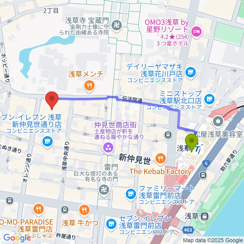 浅草公会堂の最寄駅浅草駅からの徒歩ルート（約5分）地図