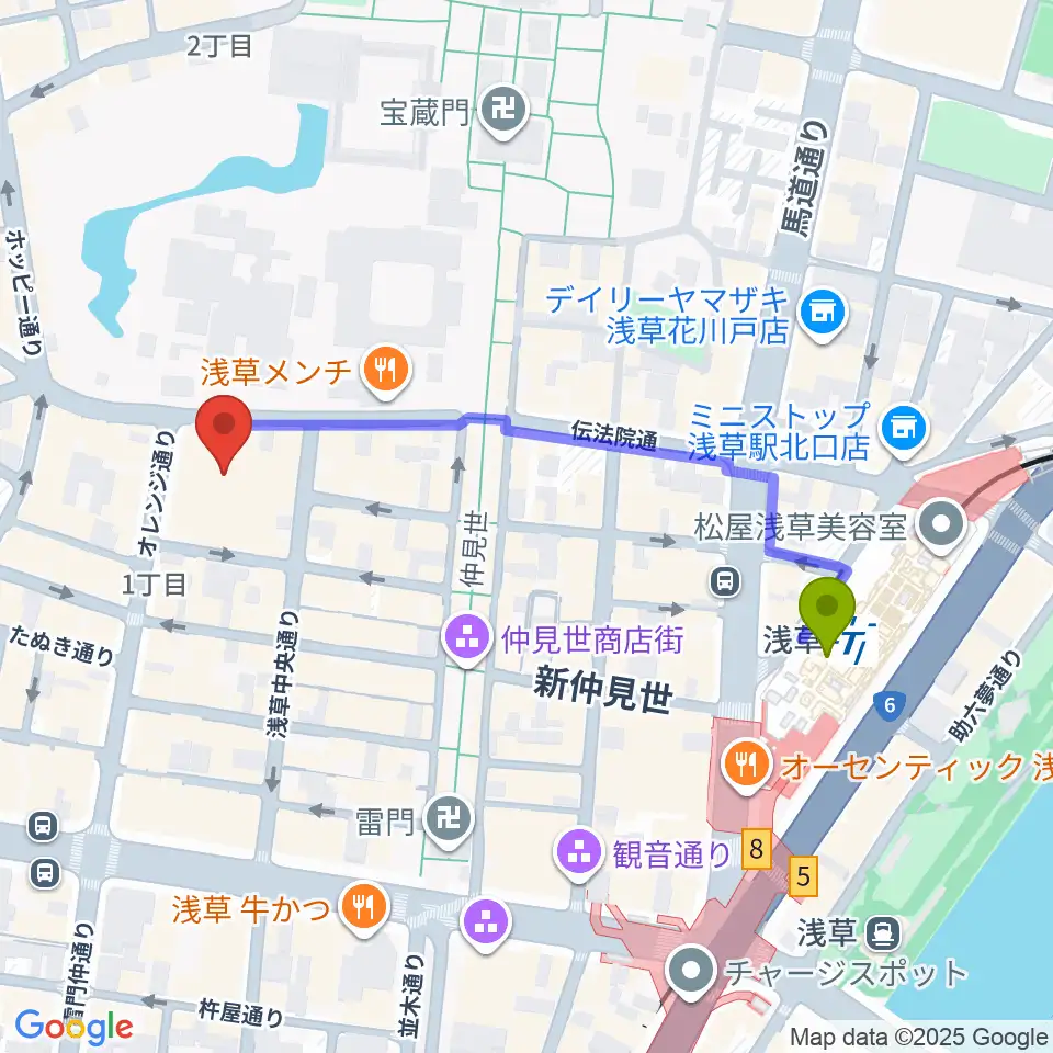 浅草公会堂の最寄駅浅草駅からの徒歩ルート（約5分）地図