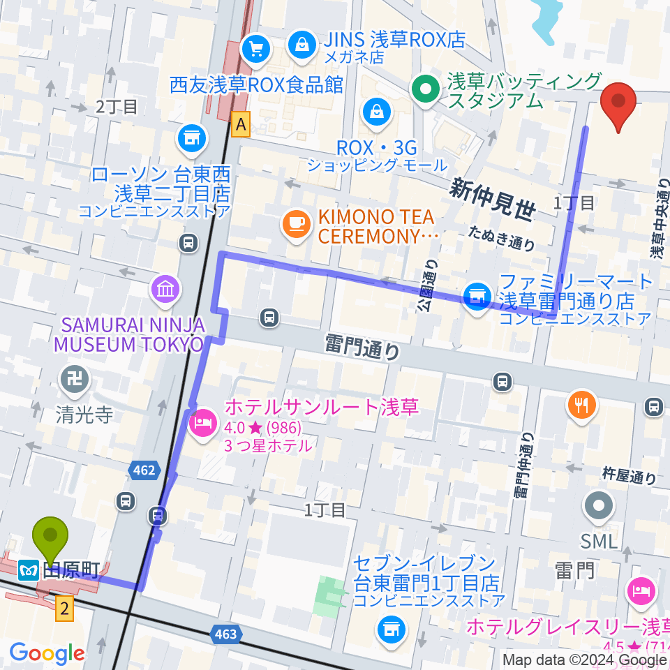 田原町駅から浅草公会堂へのルートマップ地図