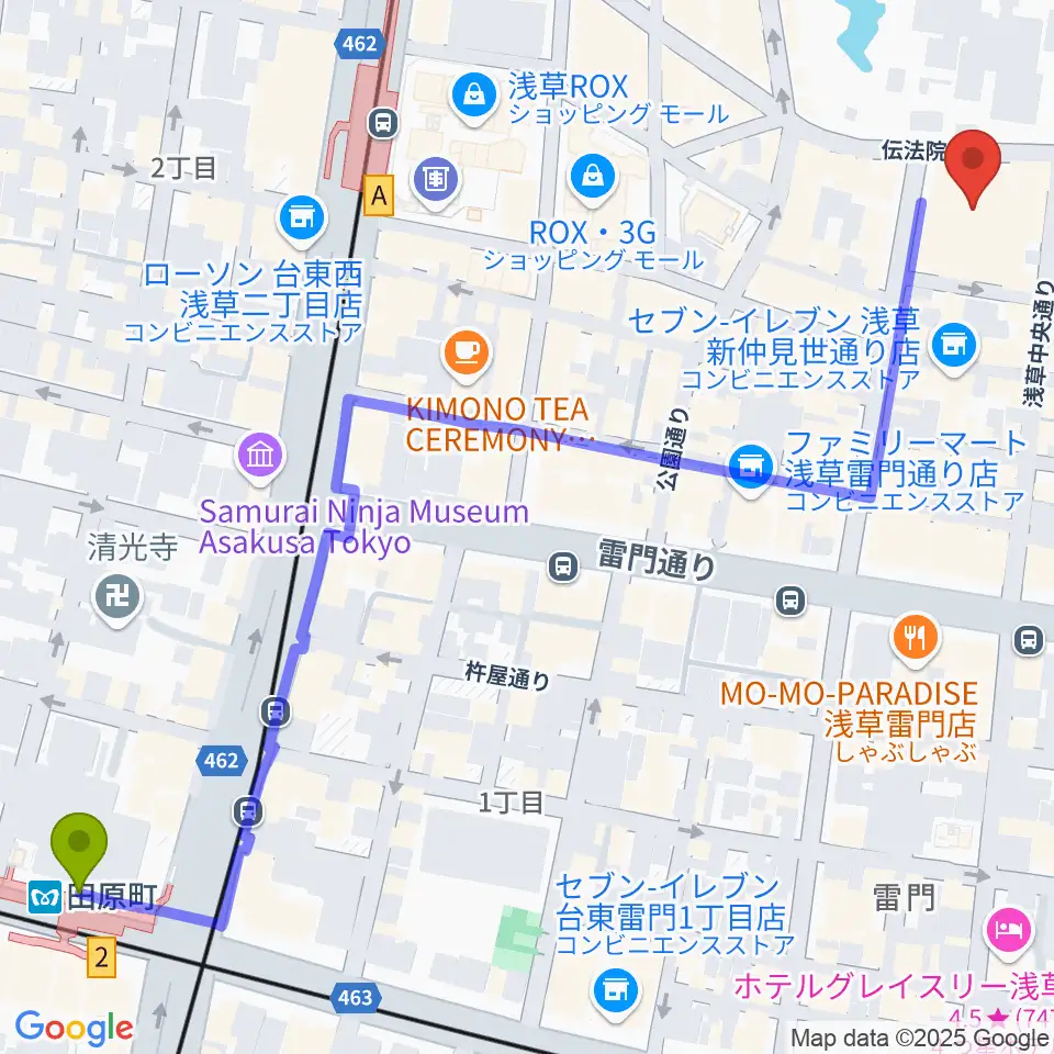 田原町駅から浅草公会堂へのルートマップ地図