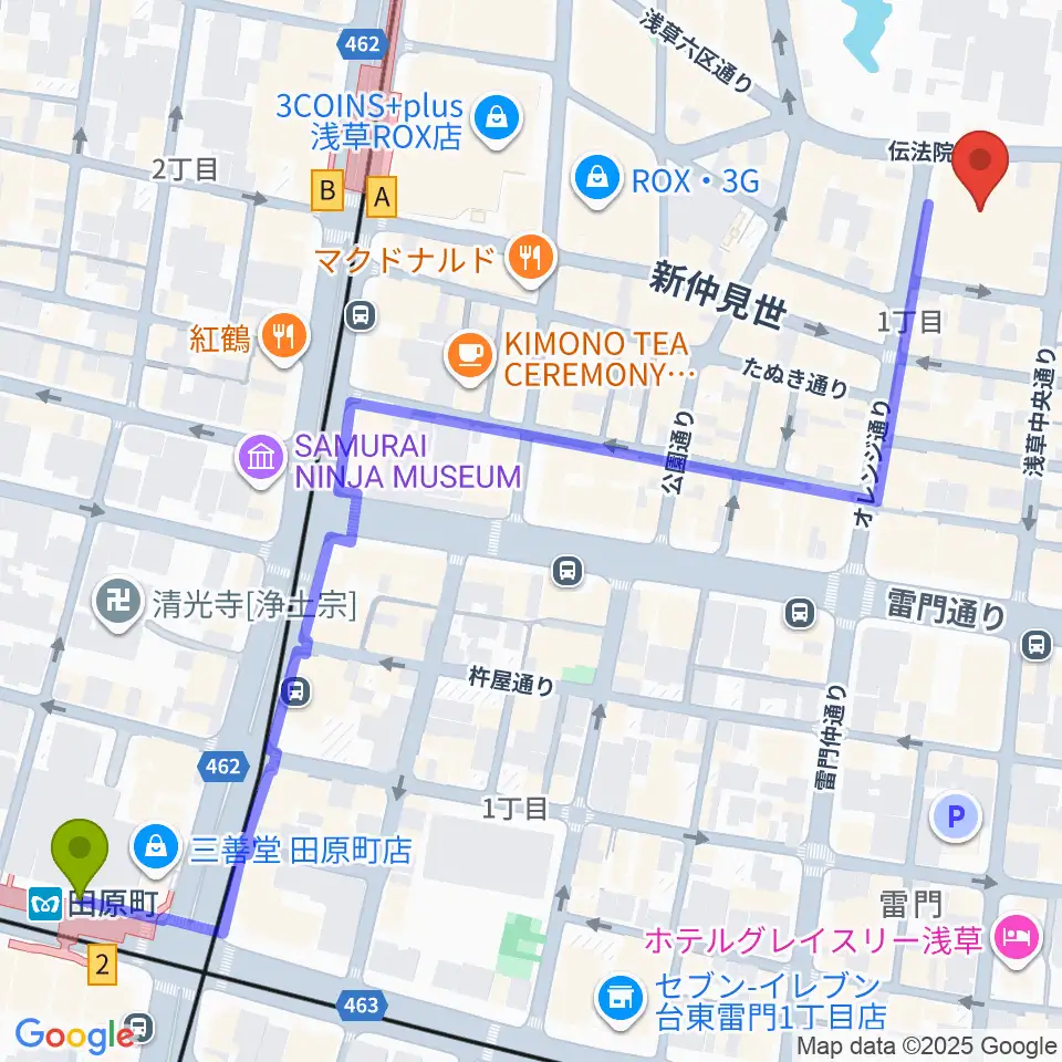 田原町駅から浅草公会堂へのルートマップ地図