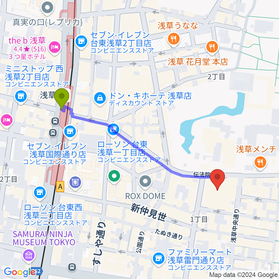 浅草駅から浅草公会堂へのルートマップ地図