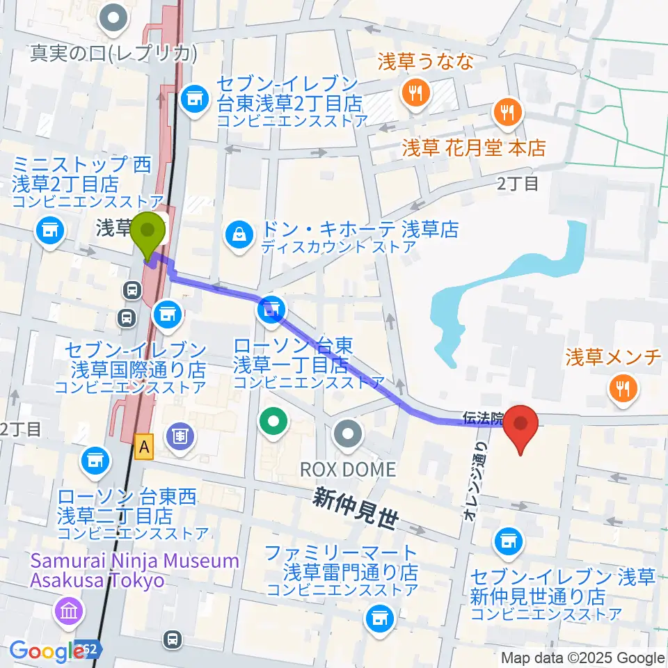 浅草駅から浅草公会堂へのルートマップ地図