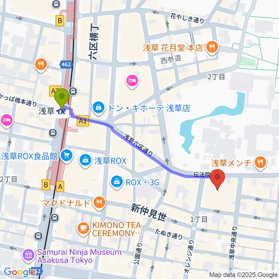 浅草駅から浅草公会堂へのルートマップ地図