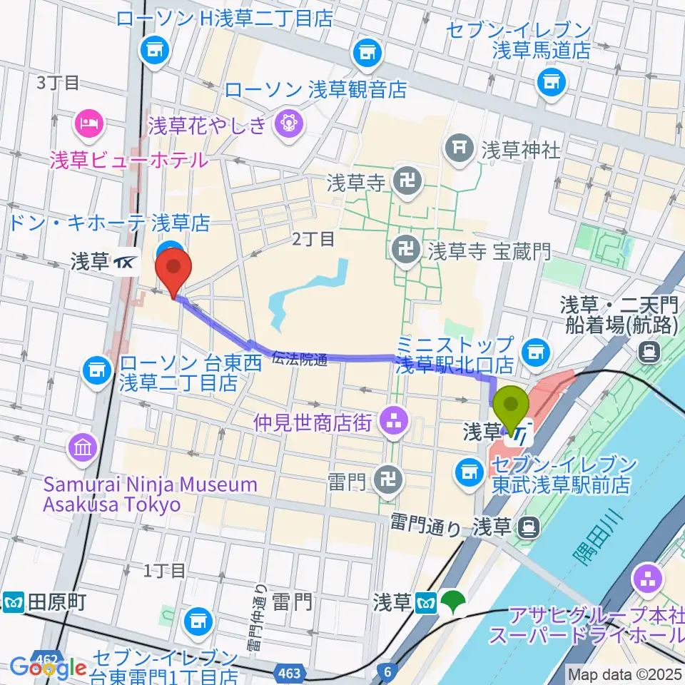 浅草駅から浅草東洋館へのルートマップ地図