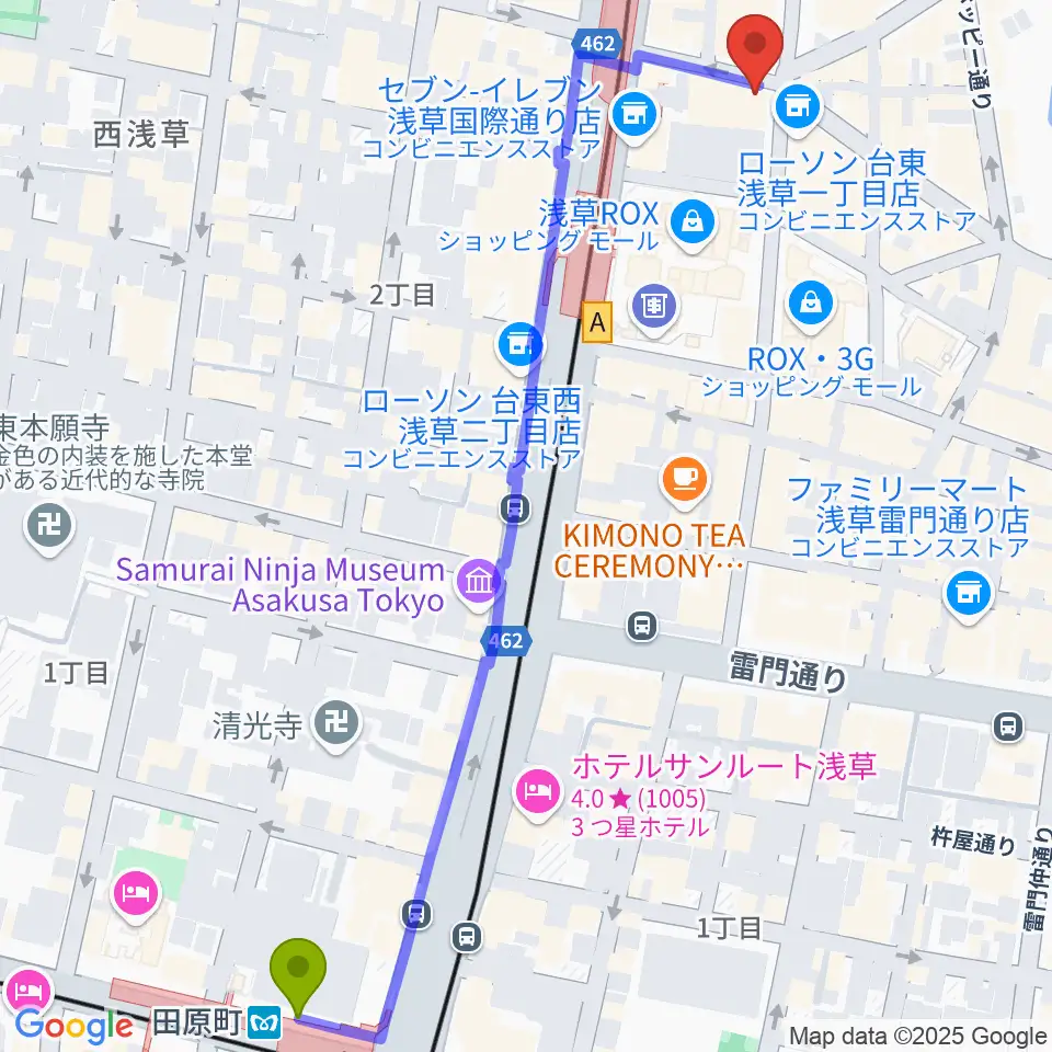 田原町駅から浅草東洋館へのルートマップ地図