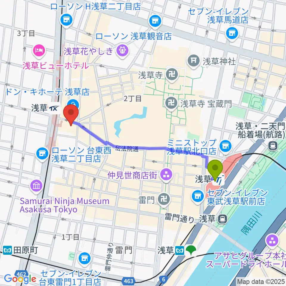 浅草駅から浅草演芸ホールへのルートマップ地図