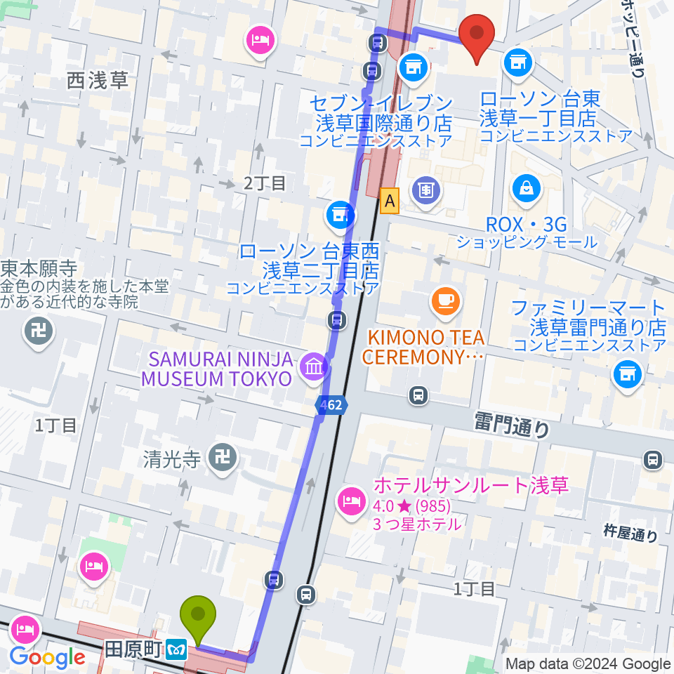 田原町駅から浅草演芸ホールへのルートマップ地図