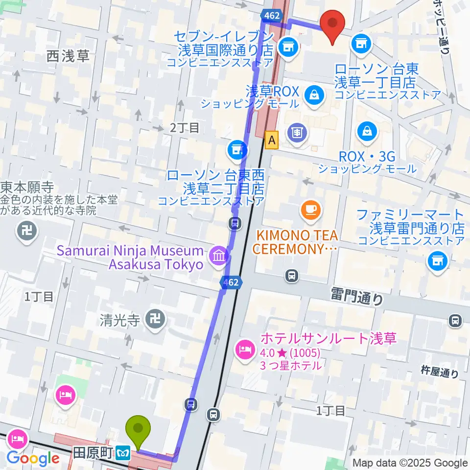田原町駅から浅草演芸ホールへのルートマップ地図