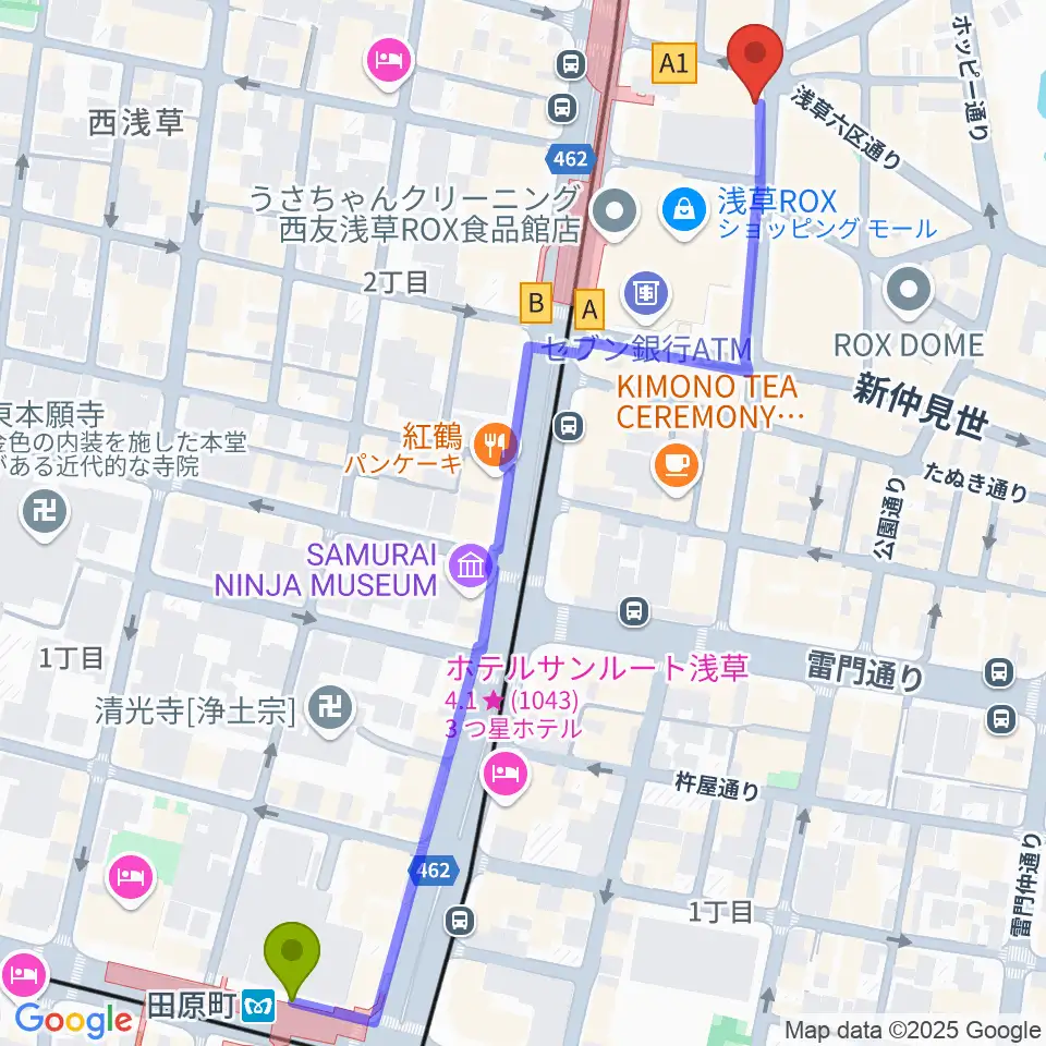 田原町駅から浅草演芸ホールへのルートマップ地図
