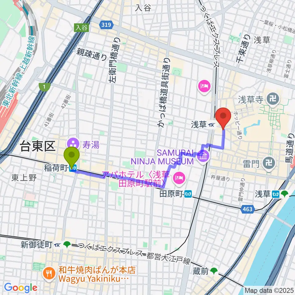 稲荷町駅から浅草演芸ホールへのルートマップ地図