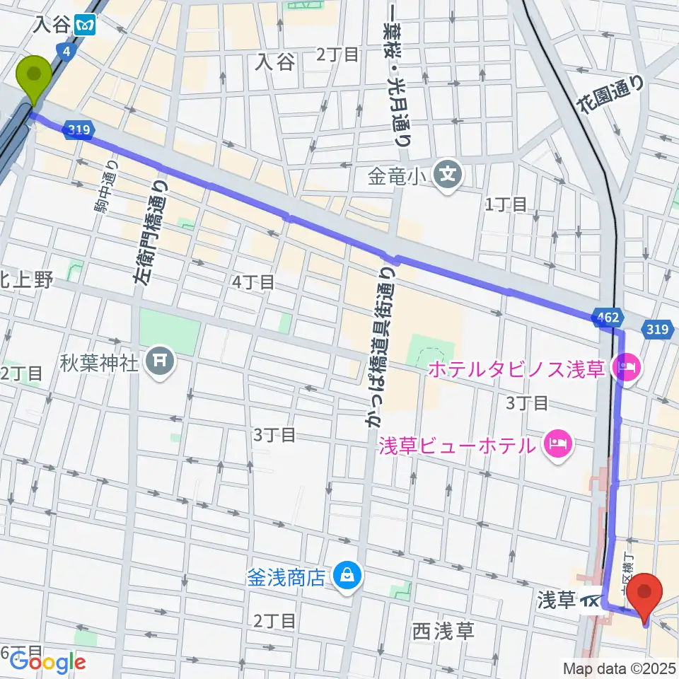 入谷駅から浅草演芸ホールへのルートマップ地図