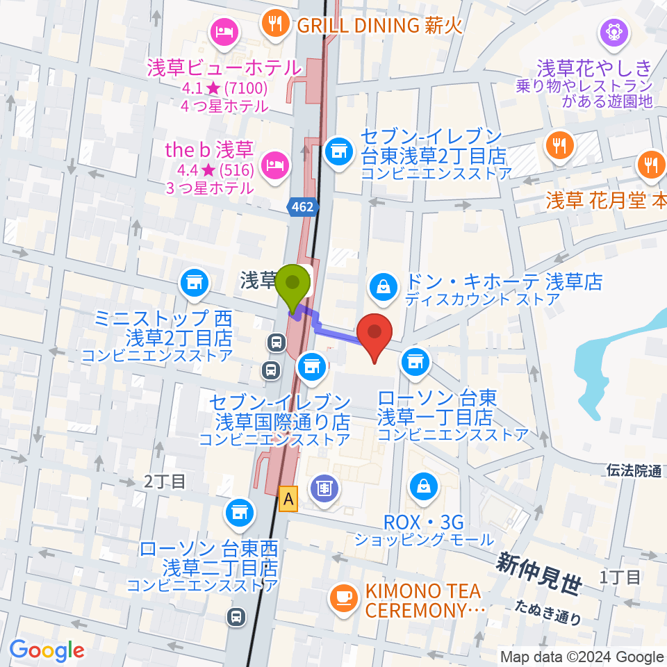 浅草演芸ホールの最寄駅浅草駅からの徒歩ルート（約1分）地図