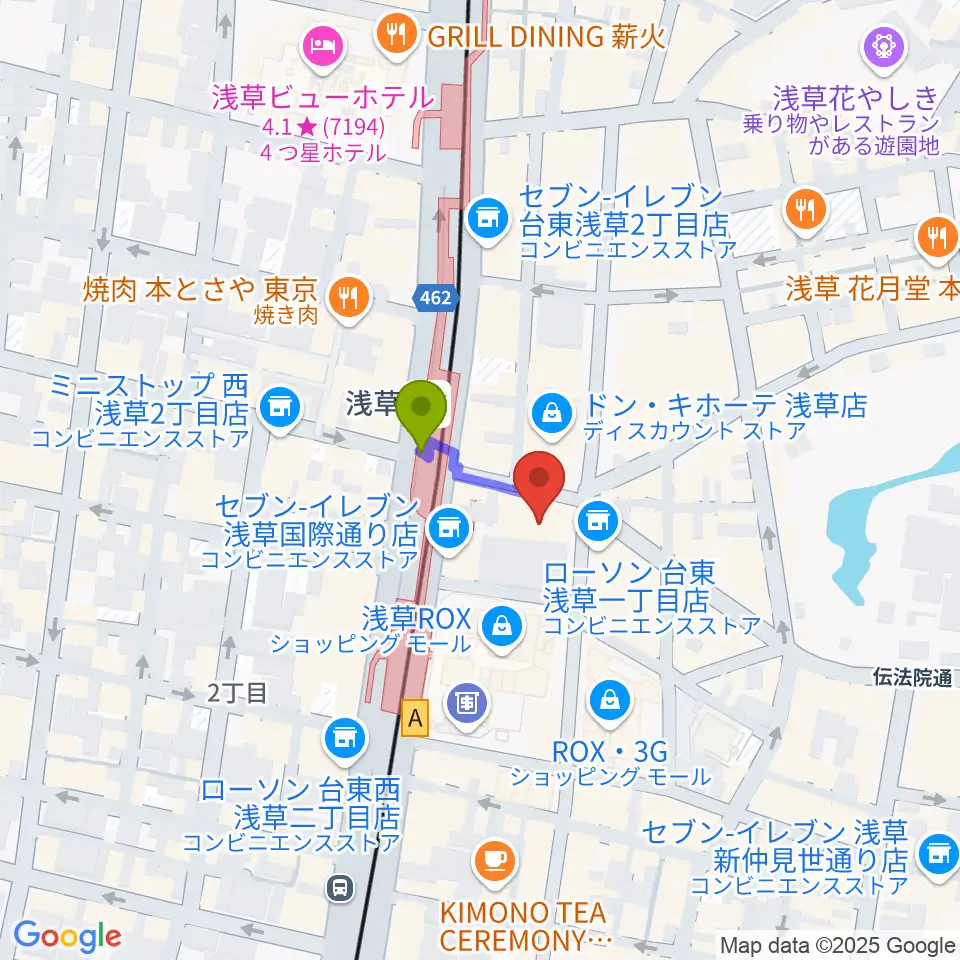 浅草演芸ホールの最寄駅浅草駅からの徒歩ルート（約1分）地図