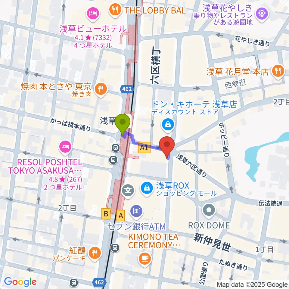 浅草演芸ホールの最寄駅浅草駅からの徒歩ルート（約1分）地図