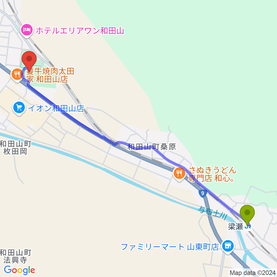 梁瀬駅から和田山ジュピターホールへのルートマップ地図