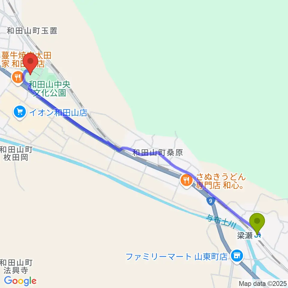 梁瀬駅から和田山ジュピターホールへのルートマップ地図