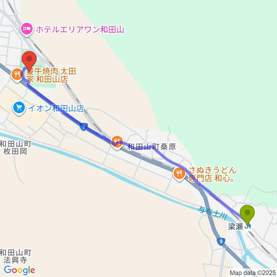 梁瀬駅から和田山ジュピターホールへのルートマップ地図