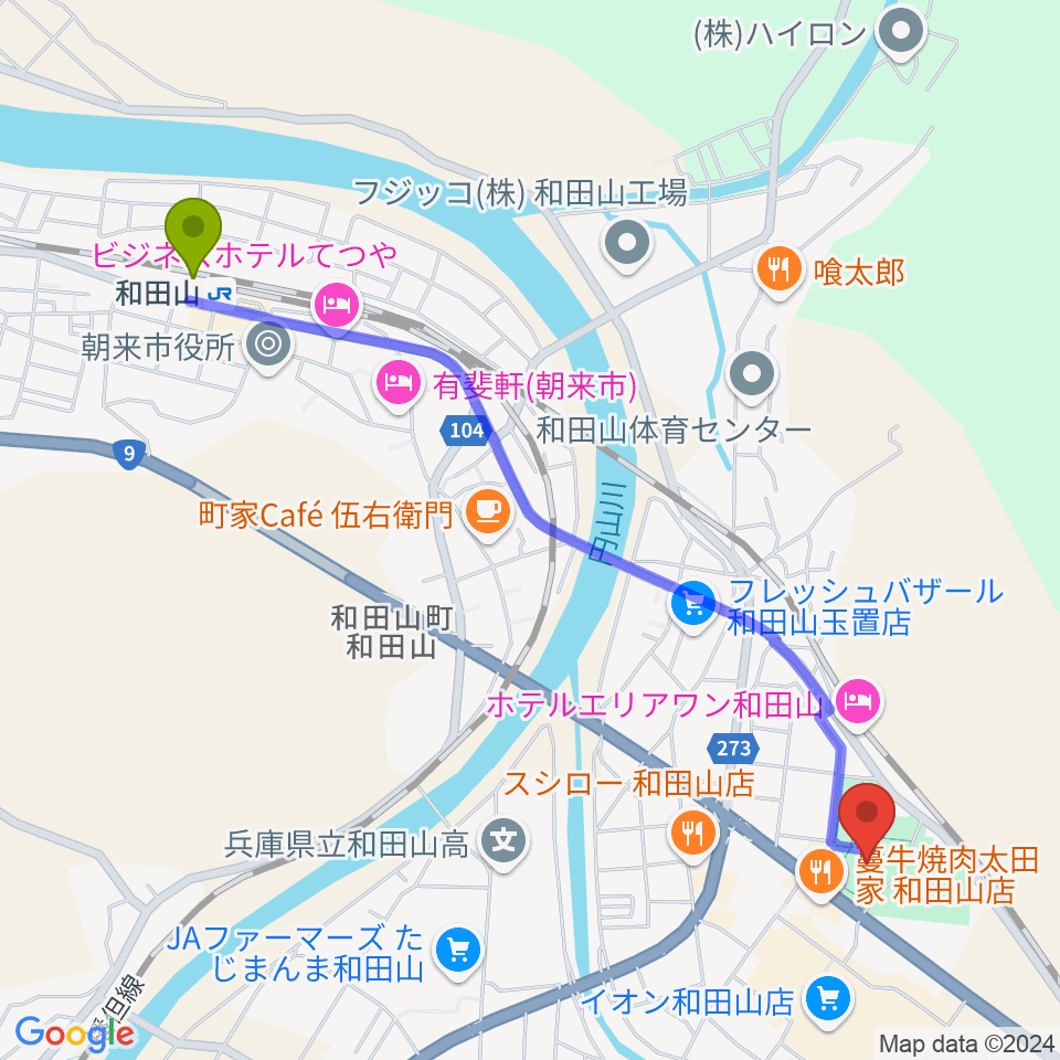 和田山ジュピターホールの最寄駅和田山駅からの徒歩ルート（約26分）地図