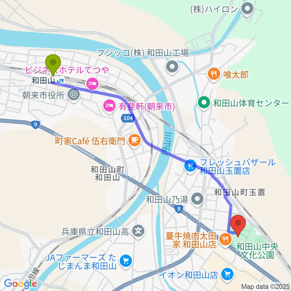 和田山ジュピターホールの最寄駅和田山駅からの徒歩ルート（約26分）地図