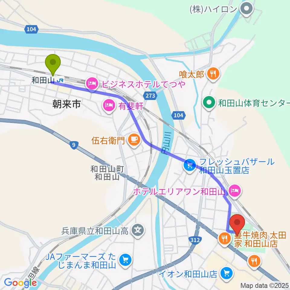 和田山ジュピターホールの最寄駅和田山駅からの徒歩ルート（約26分）地図