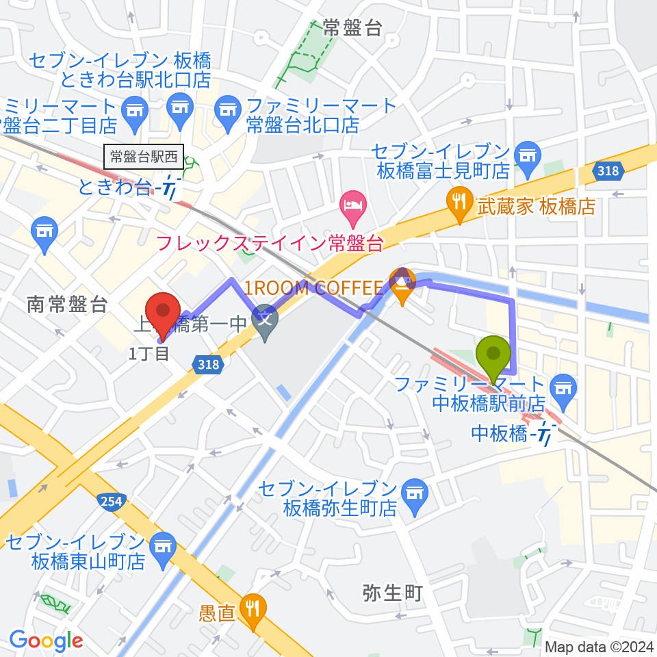 中板橋駅からいけぶくろ楽器 ときわ台本店へのルートマップ地図