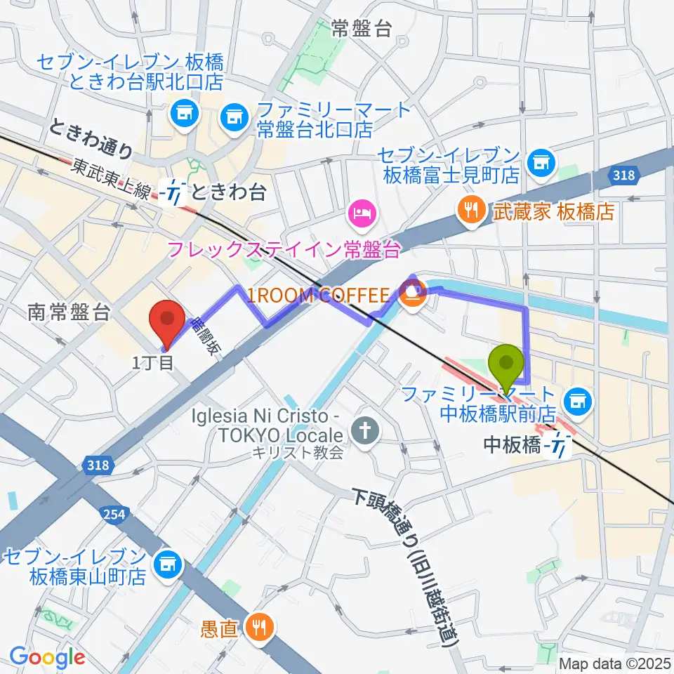中板橋駅からいけぶくろ楽器 ときわ台本店へのルートマップ地図