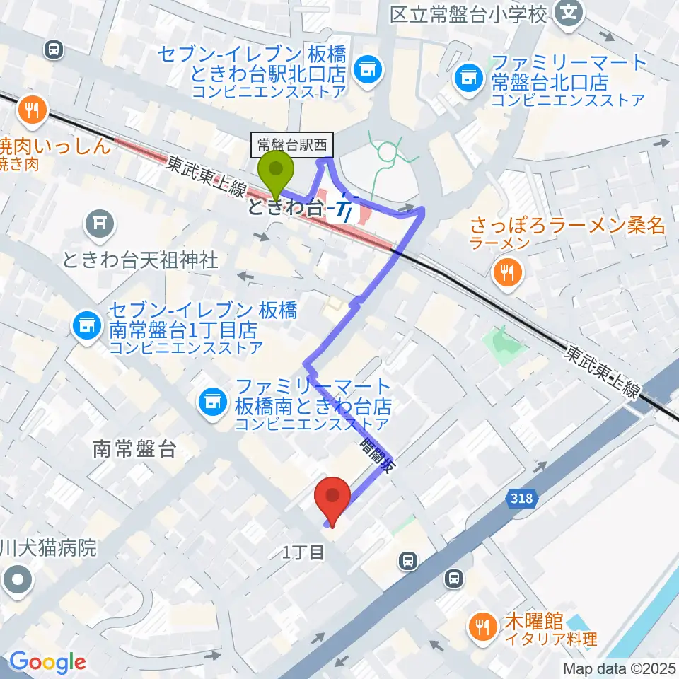 いけぶくろ楽器 ときわ台本店の最寄駅ときわ台駅からの徒歩ルート（約4分）地図