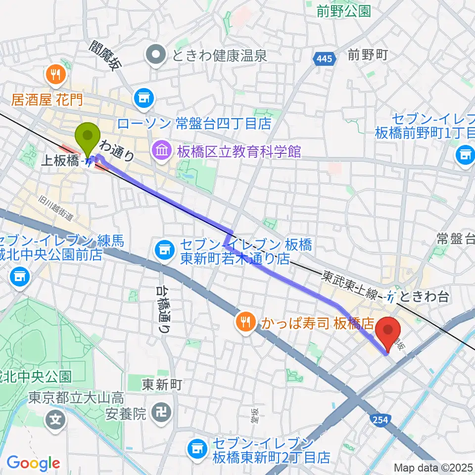 上板橋駅からいけぶくろ楽器 ときわ台本店へのルートマップ地図