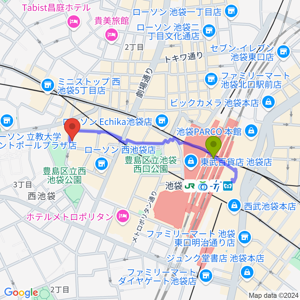 いけぶくろ楽器 池袋西口センターの最寄駅池袋駅からの徒歩ルート（約7分）地図