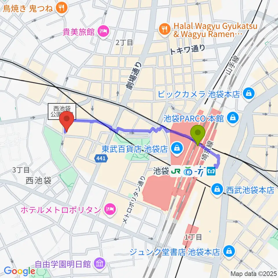 いけぶくろ楽器 池袋西口センターの最寄駅池袋駅からの徒歩ルート（約7分）地図