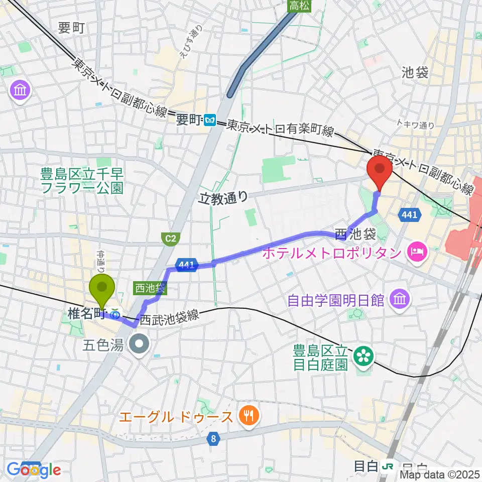 椎名町駅からいけぶくろ楽器 池袋西口センターへのルートマップ地図