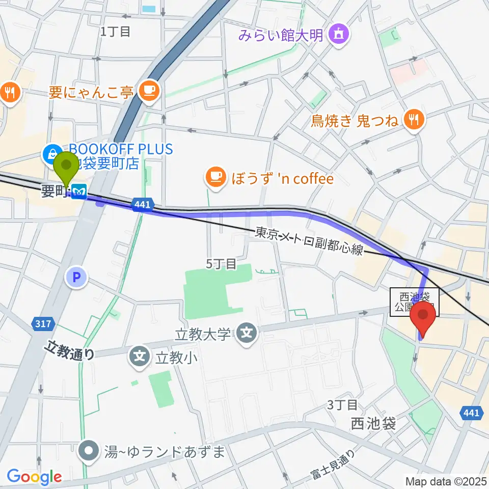 要町駅からいけぶくろ楽器 池袋西口センターへのルートマップ地図