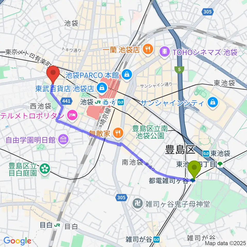 都電雑司ヶ谷駅からいけぶくろ楽器 池袋西口センターへのルートマップ地図