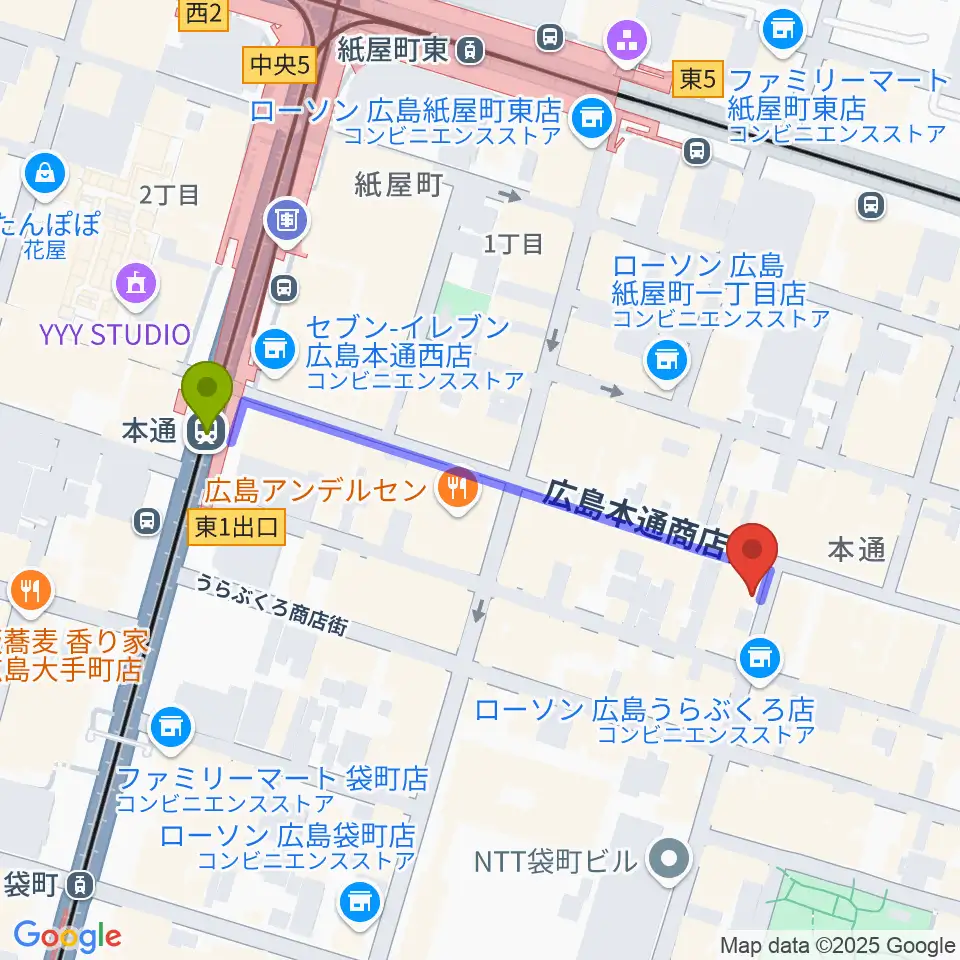 本通駅からBIGBOSS広島へのルートマップ地図