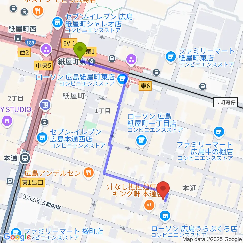紙屋町東駅からBIGBOSS広島へのルートマップ地図