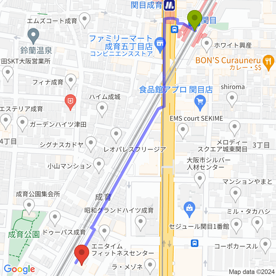 関目駅からアトリエS-paceへのルートマップ地図
