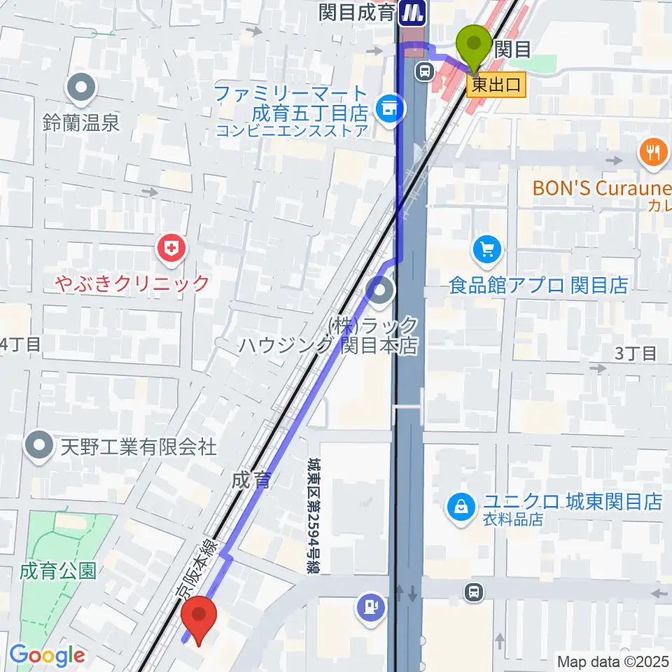 関目駅からアトリエS-paceへのルートマップ地図