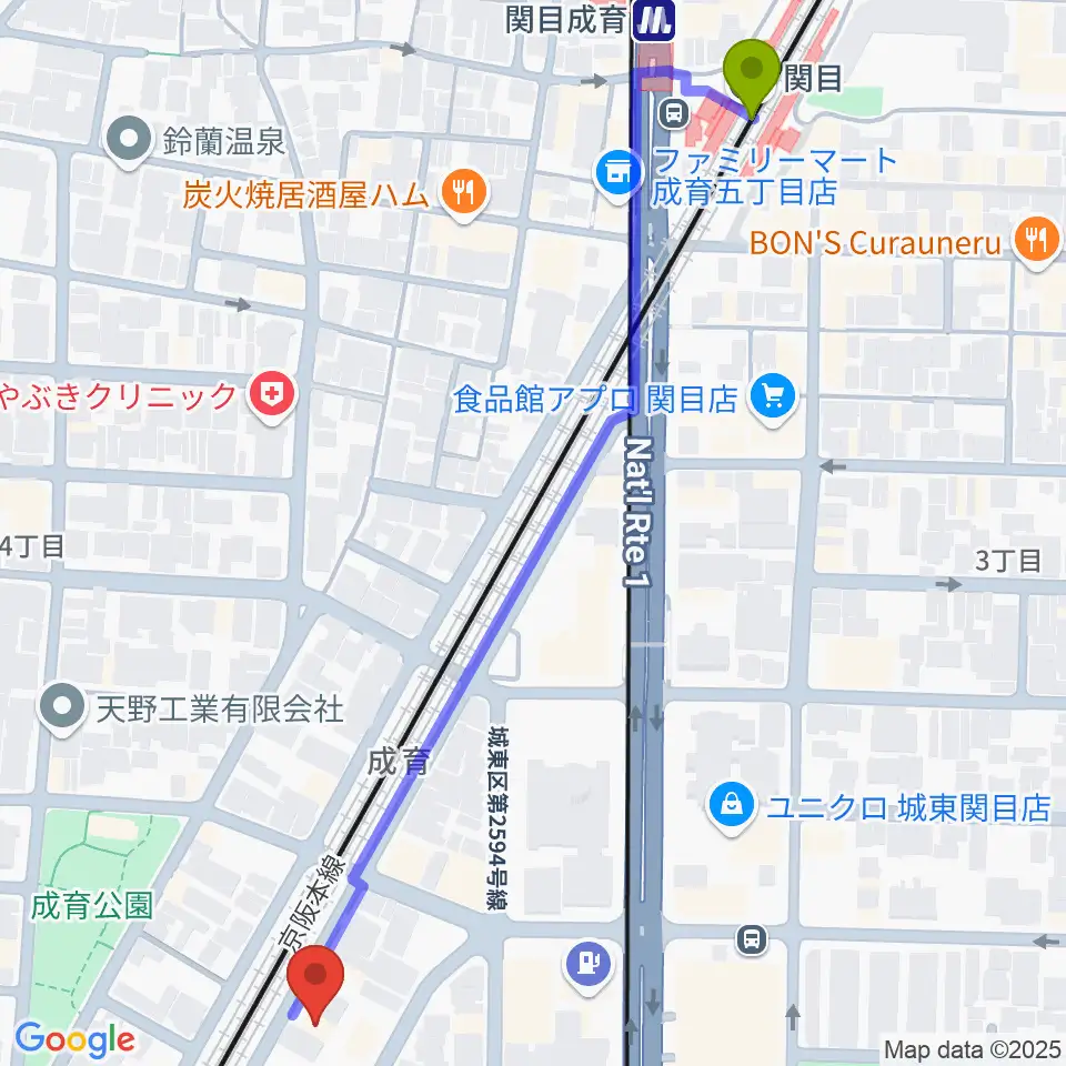 関目駅からアトリエS-paceへのルートマップ地図