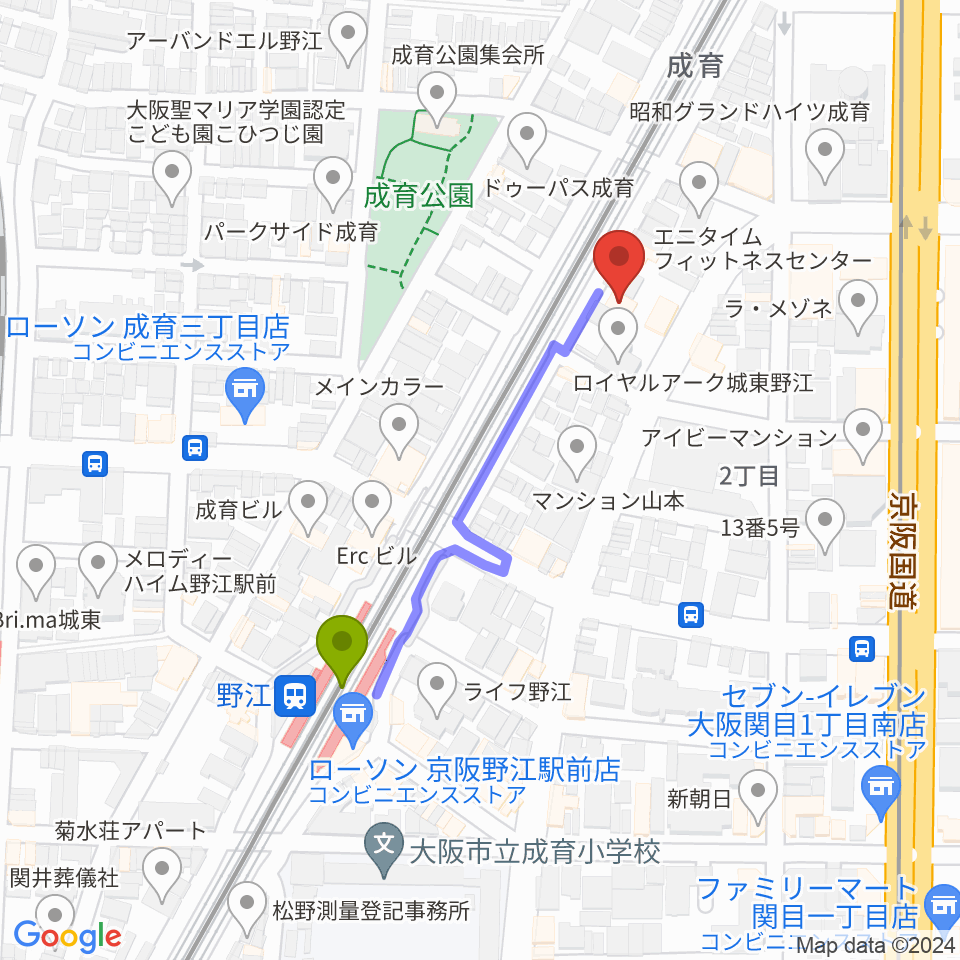 アトリエS-paceの最寄駅野江駅からの徒歩ルート（約4分）地図