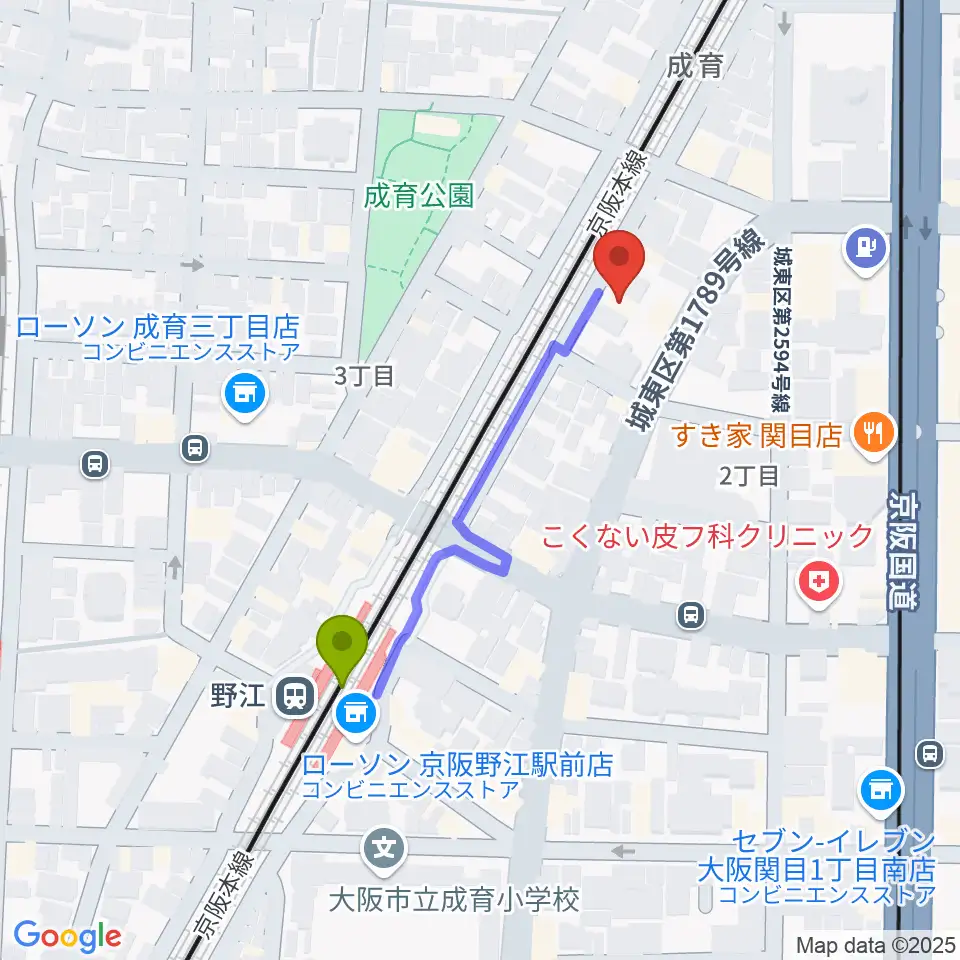 アトリエS-paceの最寄駅野江駅からの徒歩ルート（約4分）地図
