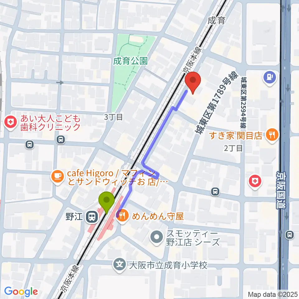 アトリエS-paceの最寄駅野江駅からの徒歩ルート（約4分）地図
